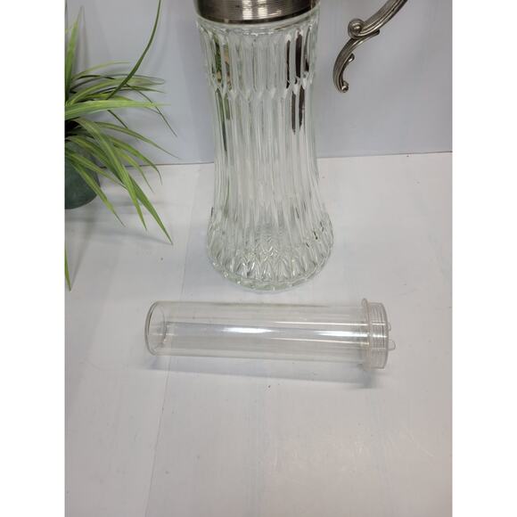 Vintage Glass Ribbed Carafe Pitcher, Silver Plated Cover & Ice Wand - Picture 3 of 5